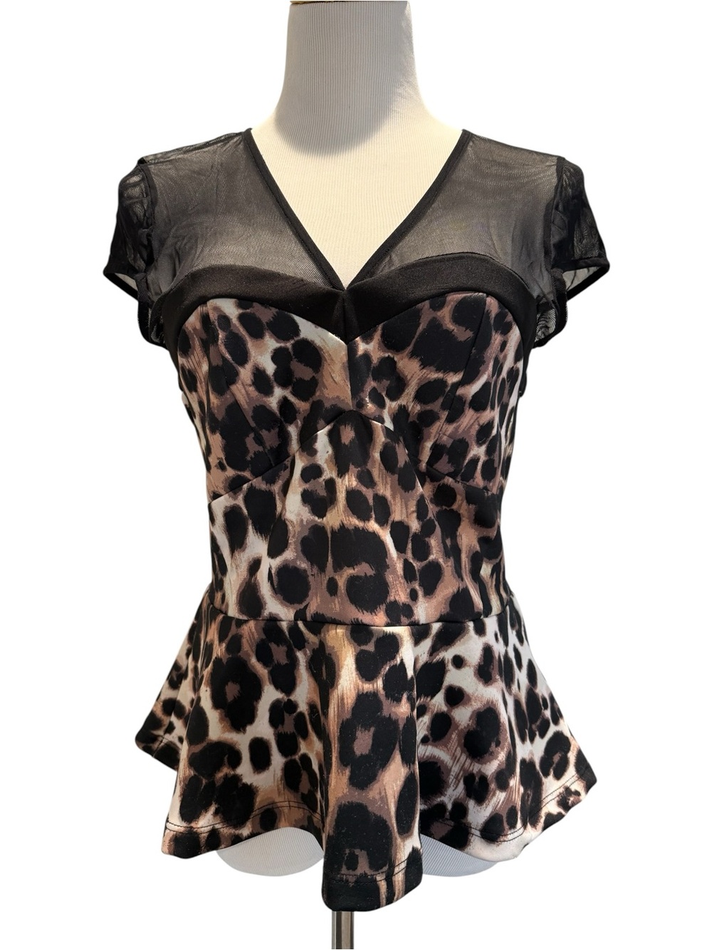 bebe Leopard Print Peplum Top with Sheer Black Yoke